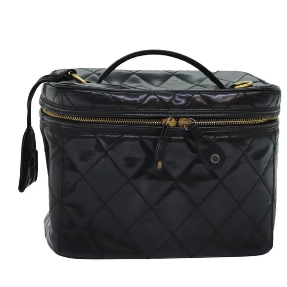 CHANEL Matelasse Vanity Cosmetic Pouch Patent leather Black Gold CC Auth bs18324 - Picture 1 of 15